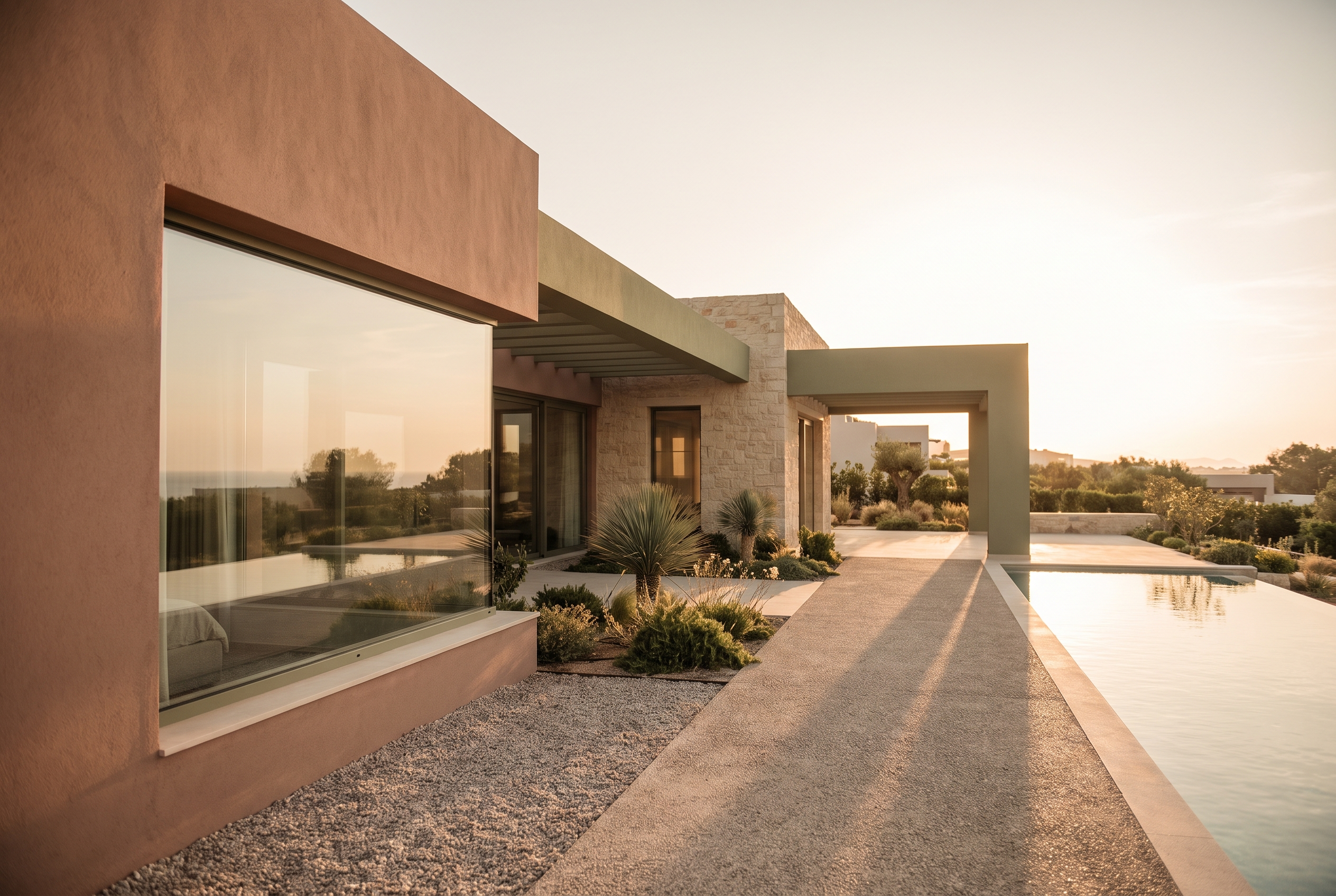 واجهة معمارية دافئة لفيلا سكنية عصرية عند الغروب